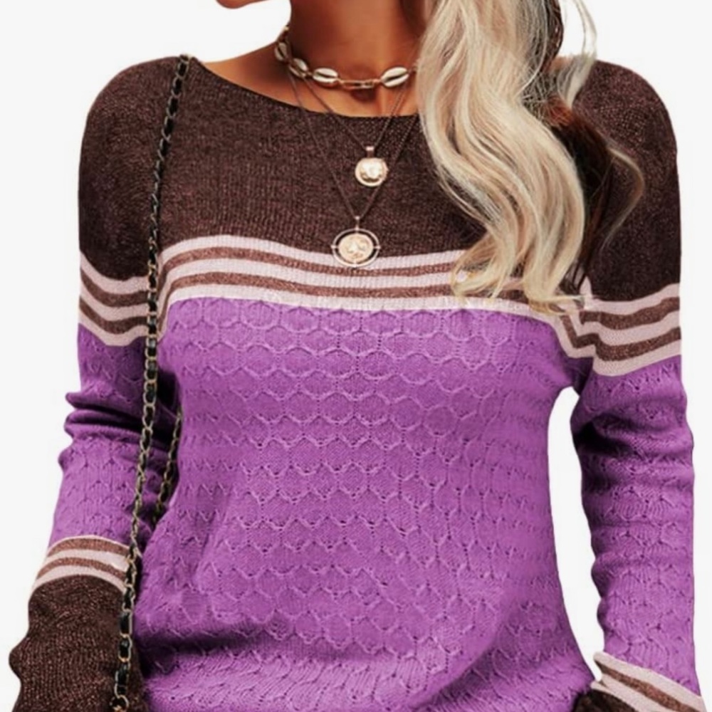 New Women’s Pullover Sweater Color-Block Honeycomb Brown, Violet and Beige Small